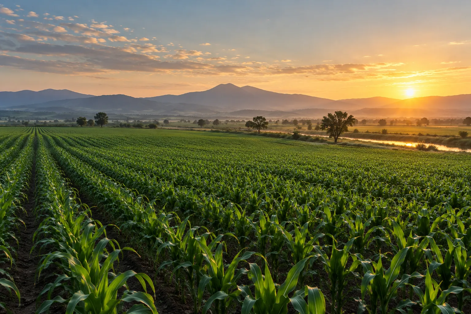 Surcos de maíz al amanecer, con montañas al fondo