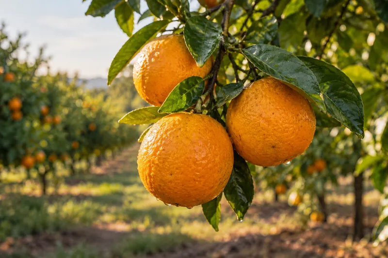 Naranjas maduras entre hojas verdes en un huerto de cítricos