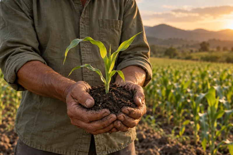 Manos de un productor sosteniendo tierra fértil y una planta de maíz