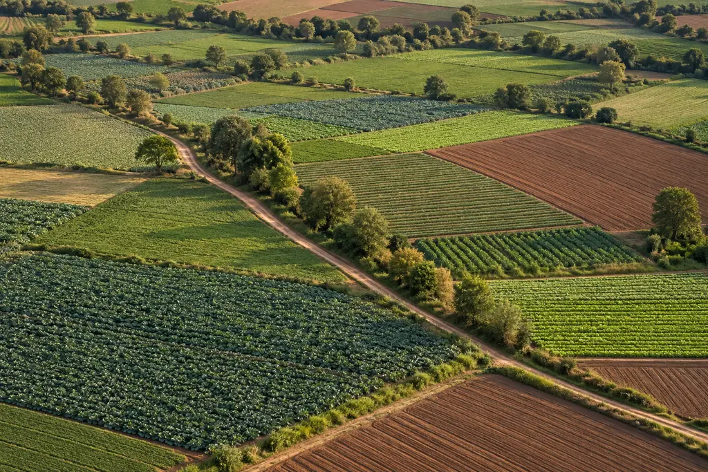 Vista elevada de parcelas agrícolas verdes y tierras de cultivo atravesadas por caminos rurales, sin personas